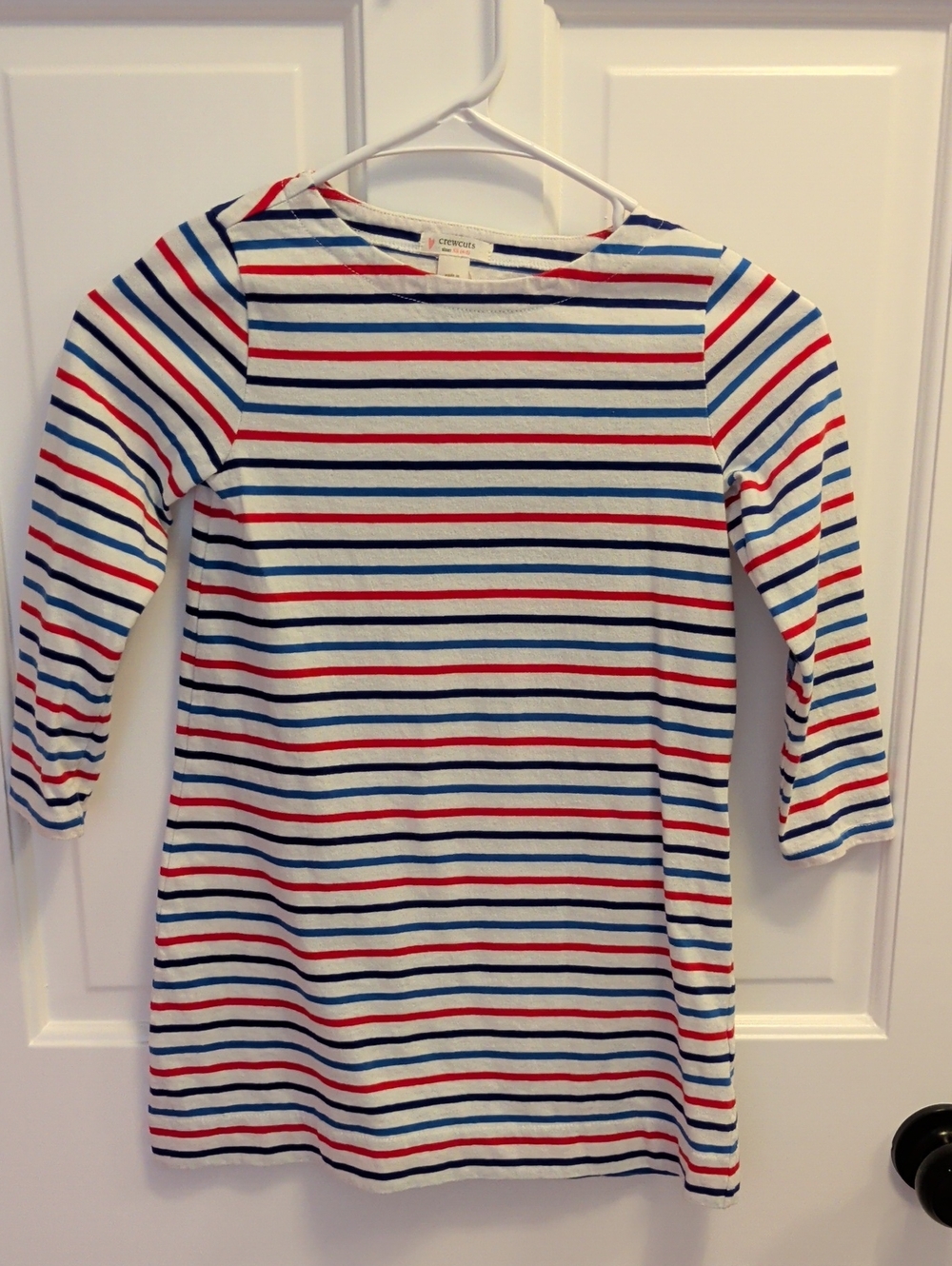 Crewcuts Girls' White Long Sleeve Tee Dress with Red & Blue Stripes